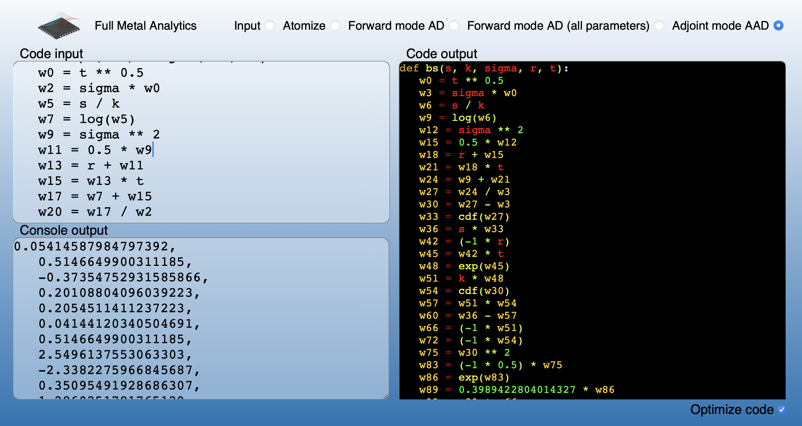 A screenshot of the 'Automatic Differentiation Live' application