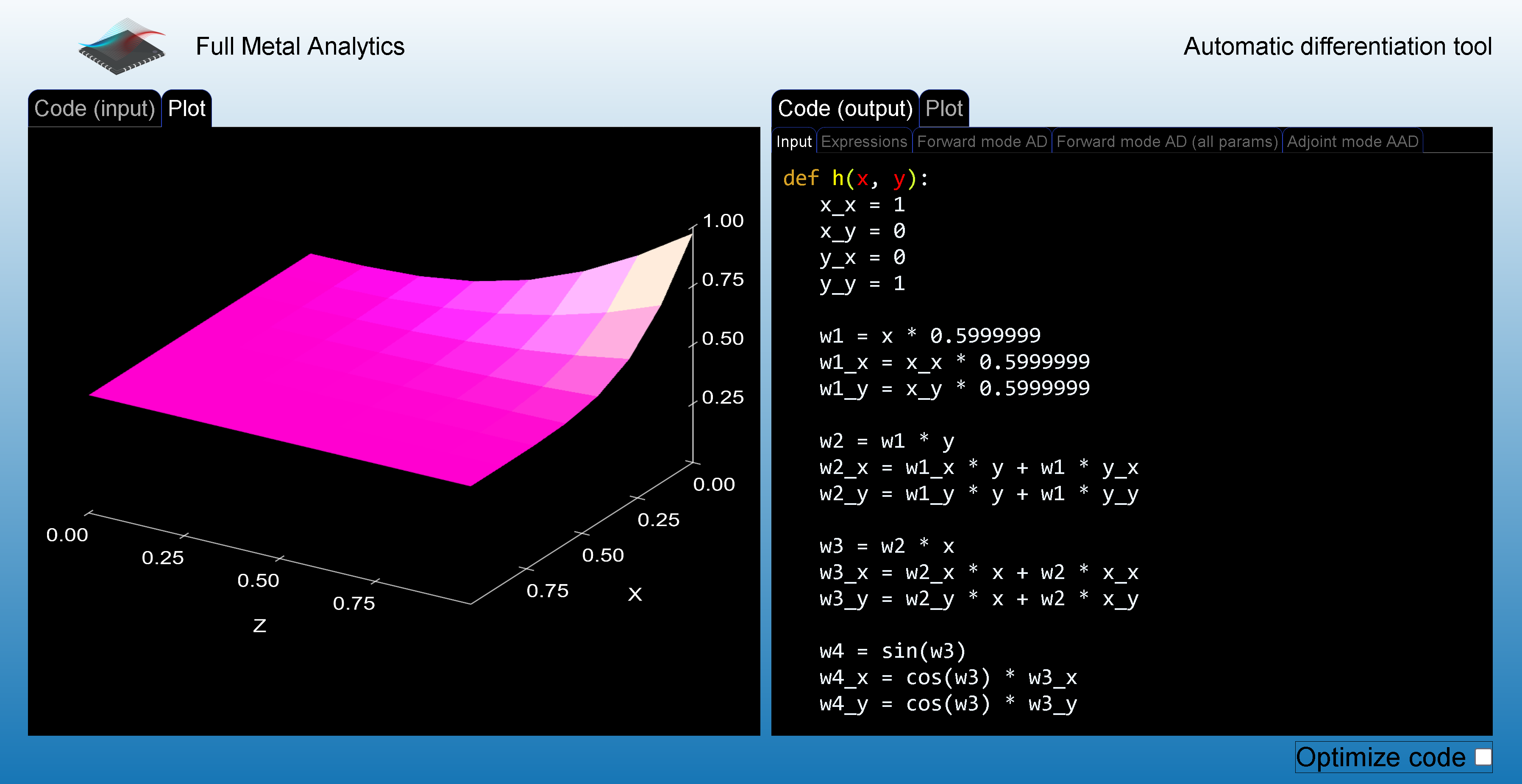 A screenshot of the 'Automatic Differentiation Live' application